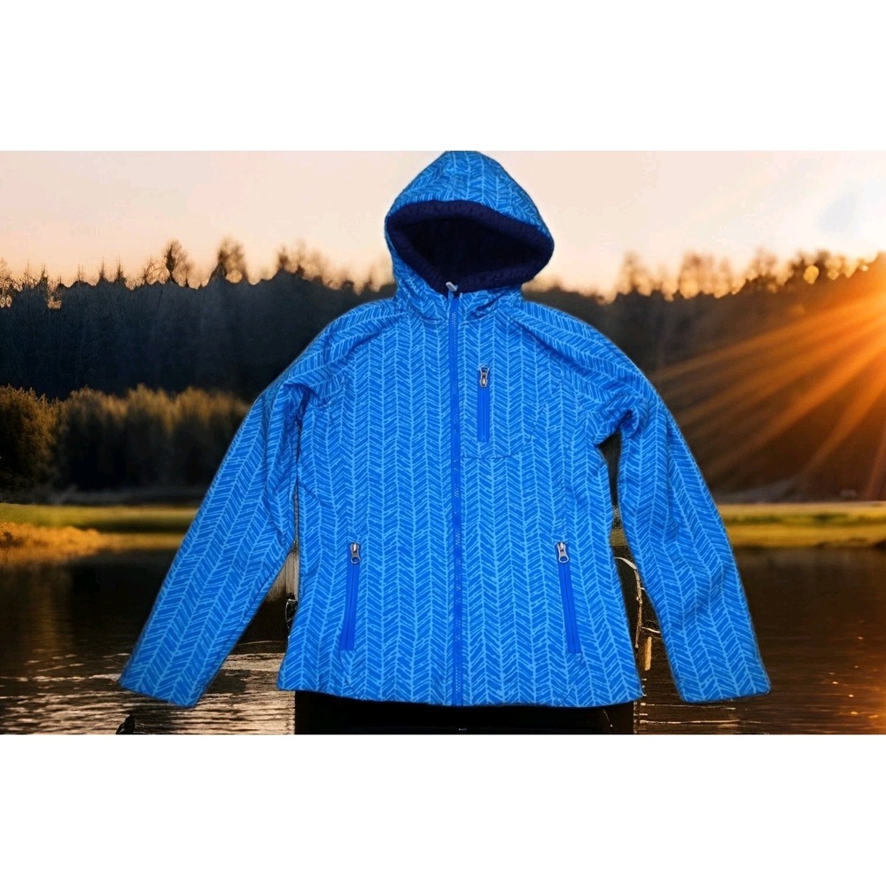 Lands End Softshell Jacket Girls Medium 10/12 Blue Excellent Sherpa Hood Fleece
